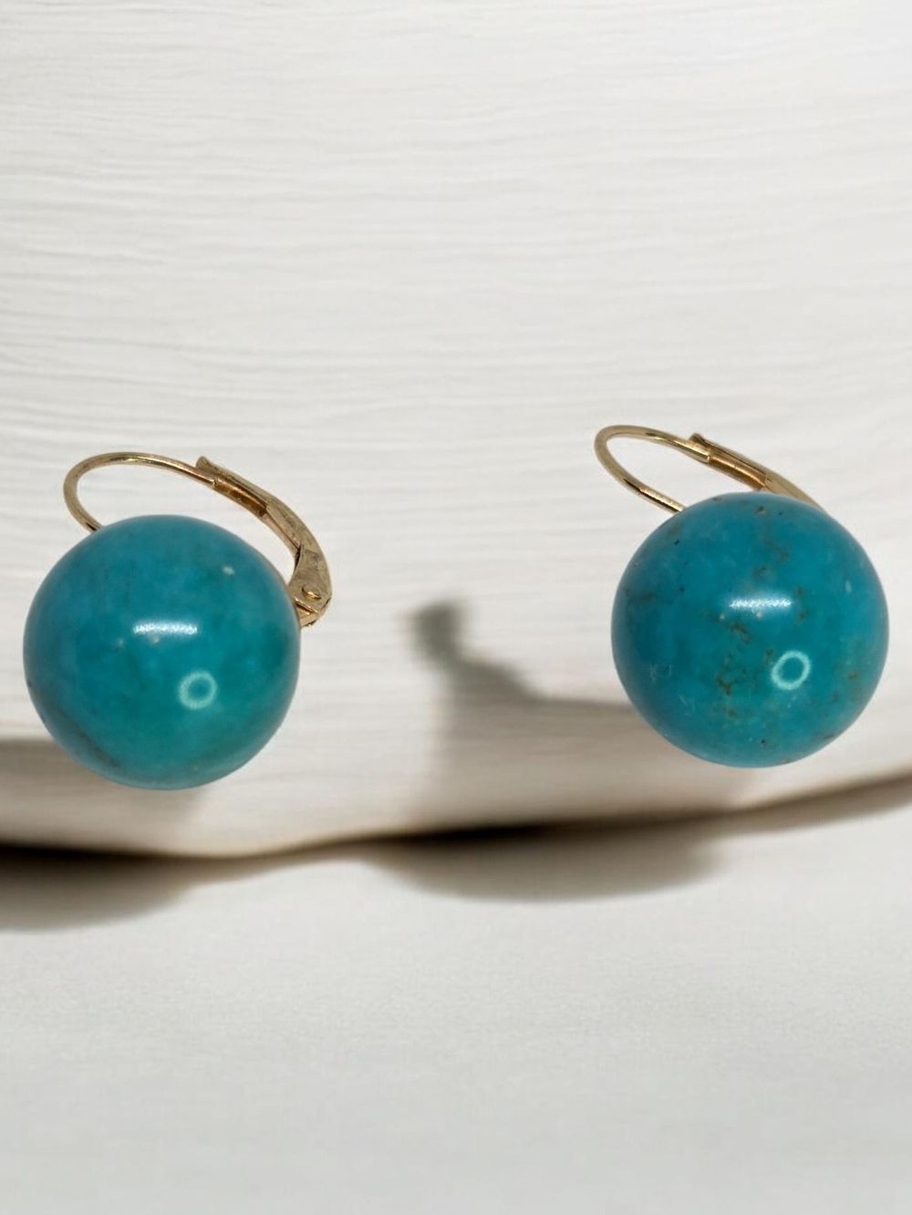14K Yellow Solid Gold Leverback Earrings with Sleeping Beauty Turquoise Balls